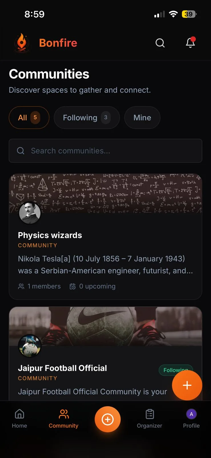 The communities screen, with filters for all, following and mine, and community cards