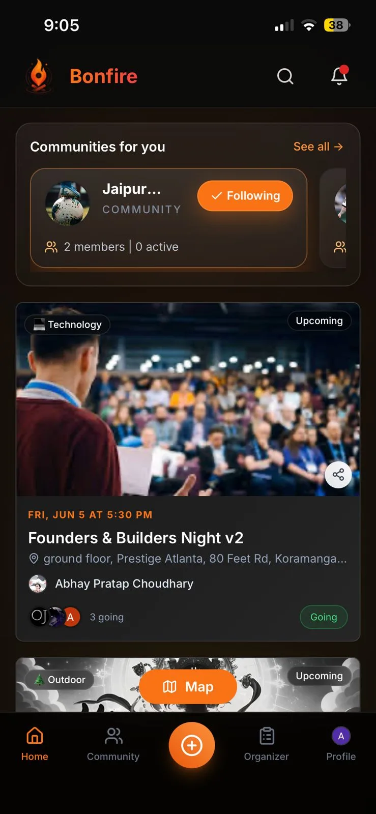 Bonfire home in list view, with communities for you and an upcoming event card